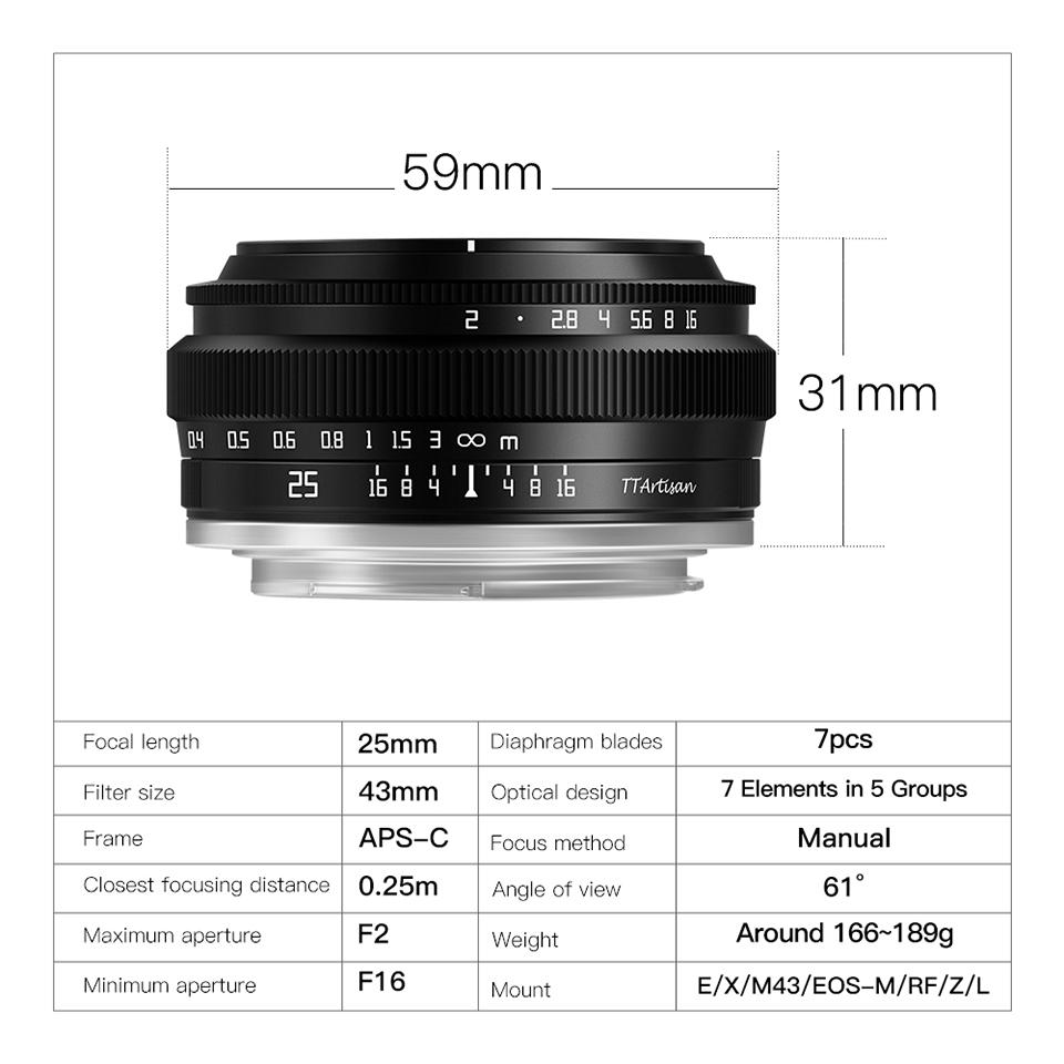 Ống kính máy ảnh chân dung TTArtisan 25 mm F2.0 APS-C MF cho Sony A6000 A7III A7S Fuji X-A1 Canon M1 Nikon Z6 Sigma FPL Leica T Loại giao diện: L-Mount