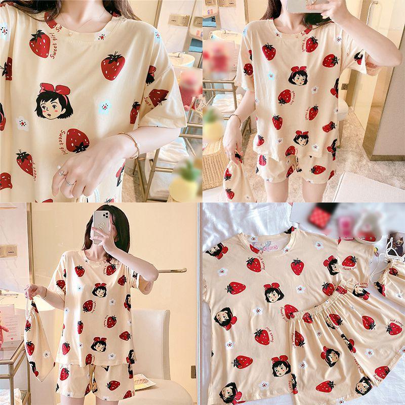 Bộ đồ ngủ ngắn tay dáng rộng in họa tiết hoạt hình xinh xắn thoải mái dành cho nữ