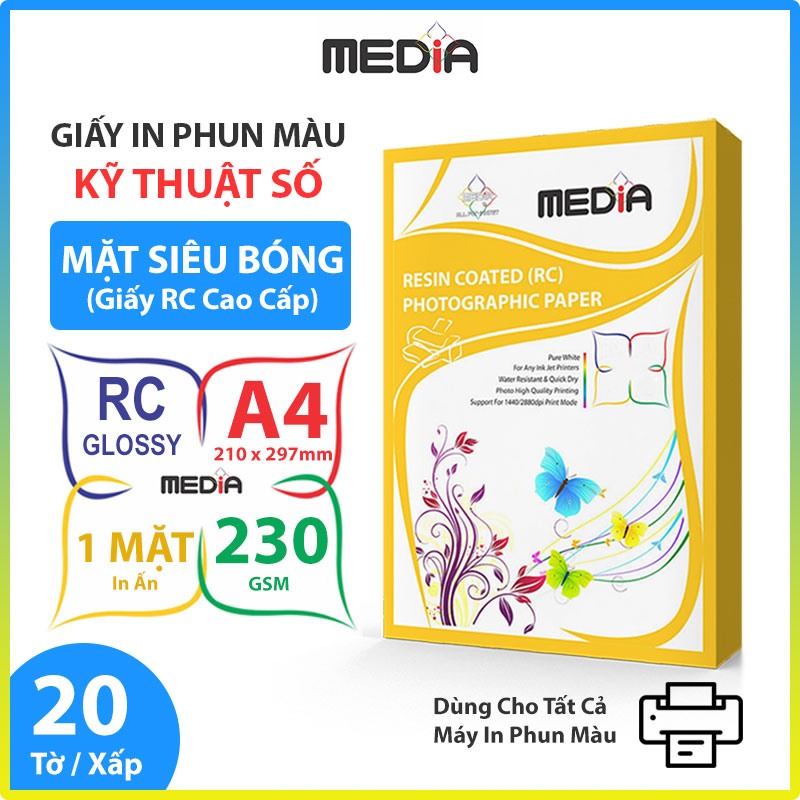 Giấy In Màu Kỹ Thuật Số MEDIA Cao Cấp 1 Mặt Siêu Bóng (Resin Coated RC) Khổ A4 Định Lượng 230gsm 20 Tờ, Giấy In Ảnh Giấy In Phun Màu Tài Liệu - Hàng Chính Hãng