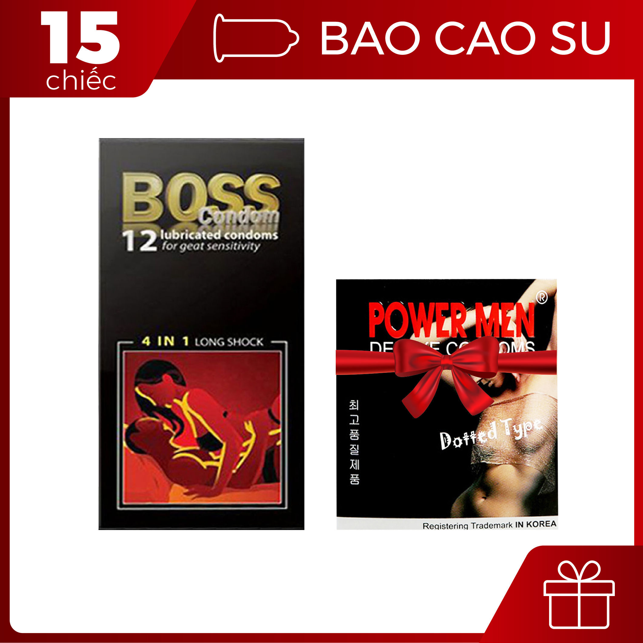 Bao Cao Su Boss 4in1 12s Siêu gai li ti + Bao Cao Su Powermen Dotted 3s