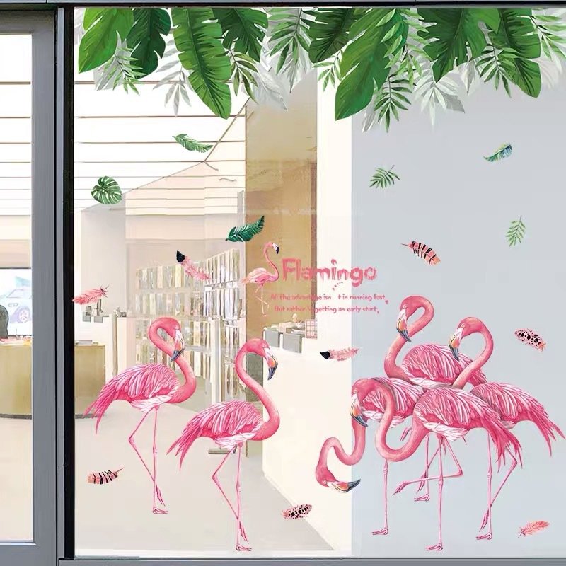 Decal dán tường lá xanh và chim hạc combo trang trí tường nghệ thuật