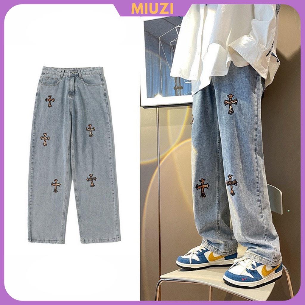 Quần nam ống rộng họa tiết thêu thánh giá,quần jean nam Miuzi DT055