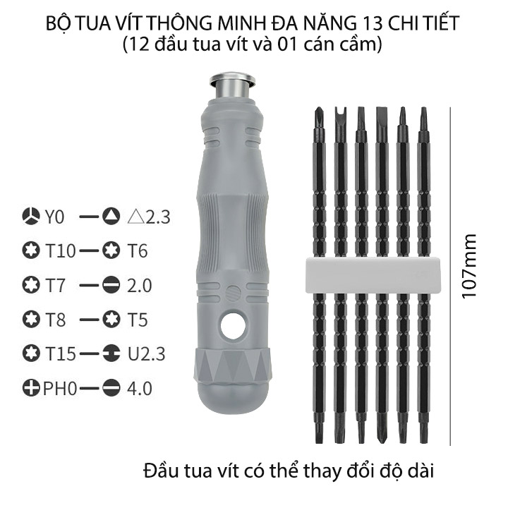 Bộ tua vít đa năng thông minh 13 chi tiết, có thể thay đổi chiều dài, bằng thép cứng