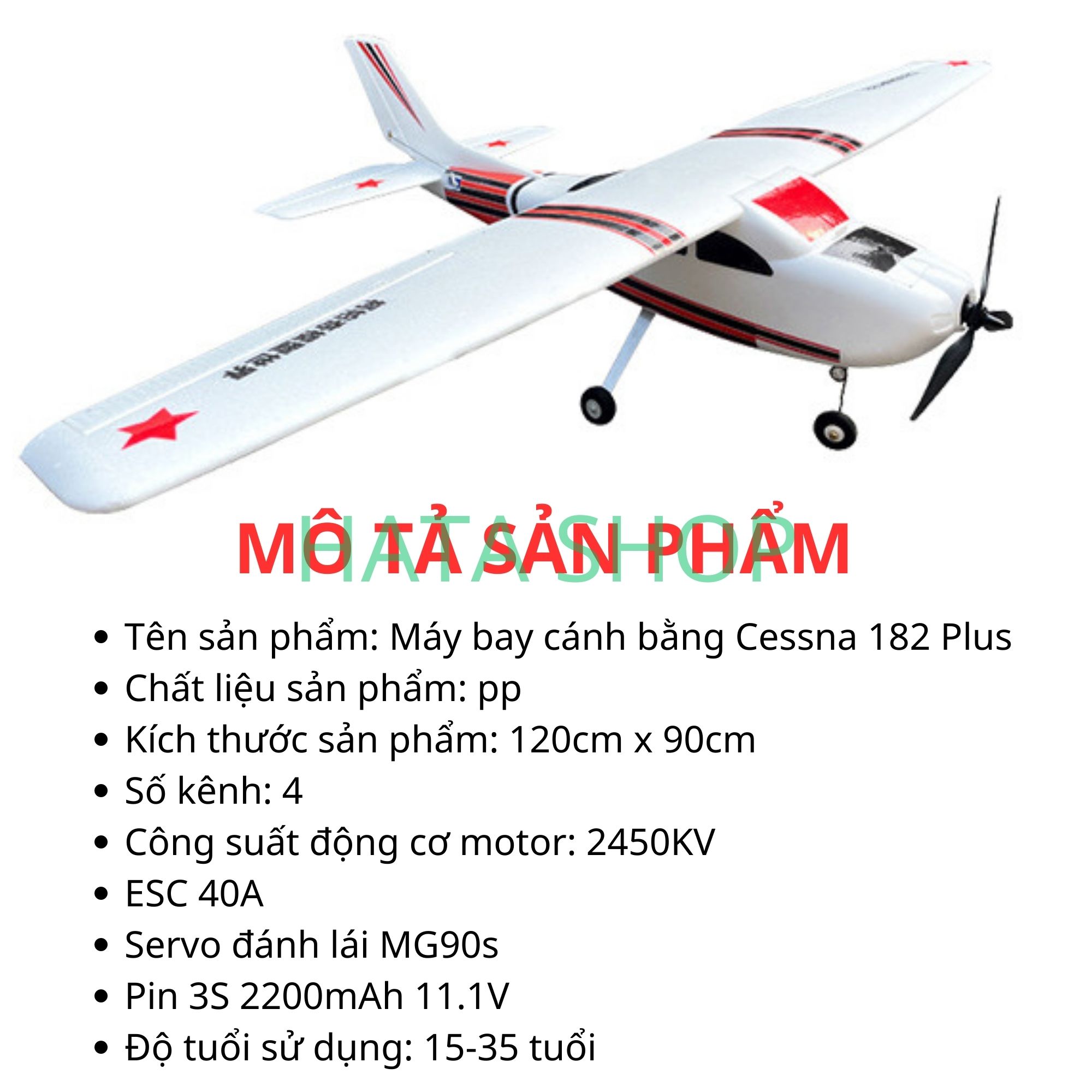 [Mẫu Mới] Máy Bay Cánh Bằng Cessna 182 Plus Sải Cánh Dài 1m2 Size Lớn Chống Rơi Vỡ Chất Liệu EPO