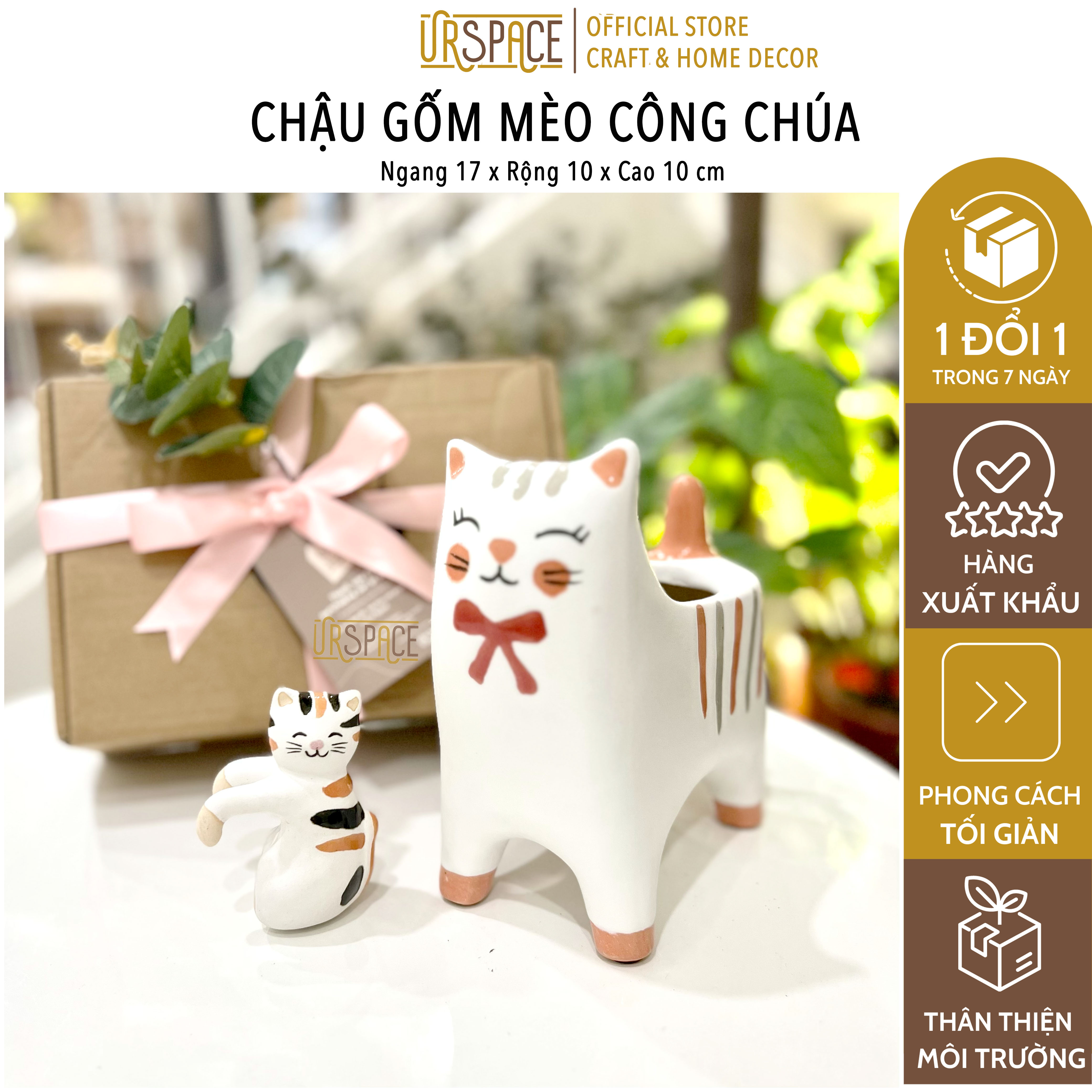 Chậu trồng cây mini để bàn URSPACE trang trí decor góc làm việc - PRINCESS Cat Ceramic Plant Pot Planter