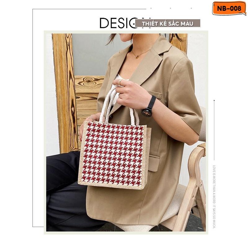 Túi Cói Đi Biển Có Quai Xách Phong Cách Vương Giả Nữ Tính Hoạ Tiết Caro Nhiều Màu Size 21x21cm NB-008