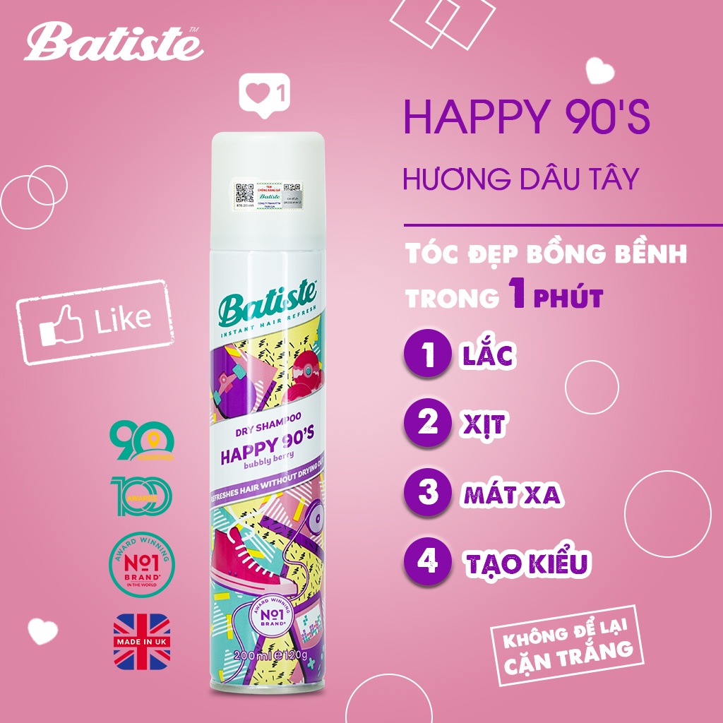 Dầu Gội Khô Batiste Hương Dâu Tây - Batiste Dry Shampoo Happy 90's Bubbly Berry 200ml