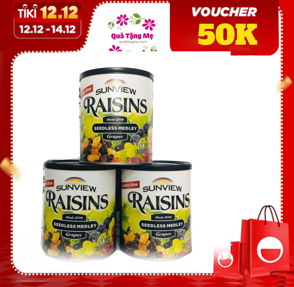 Combo 3 Hộp Nho Khô Mỹ KhôngHạt Sunview Raisins 425g (Nho Thập Cẩm)