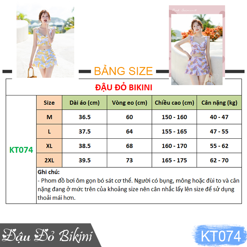 Bộ bơi nữ 2 mảnh quần váy cạp cao dấu bụng, áo vai bèo kín đáo dễ mặc, mẫu trẻ trung nhẹ nhàng, chất bơi thun bơi lạnh Hàn dày mịn | KT074