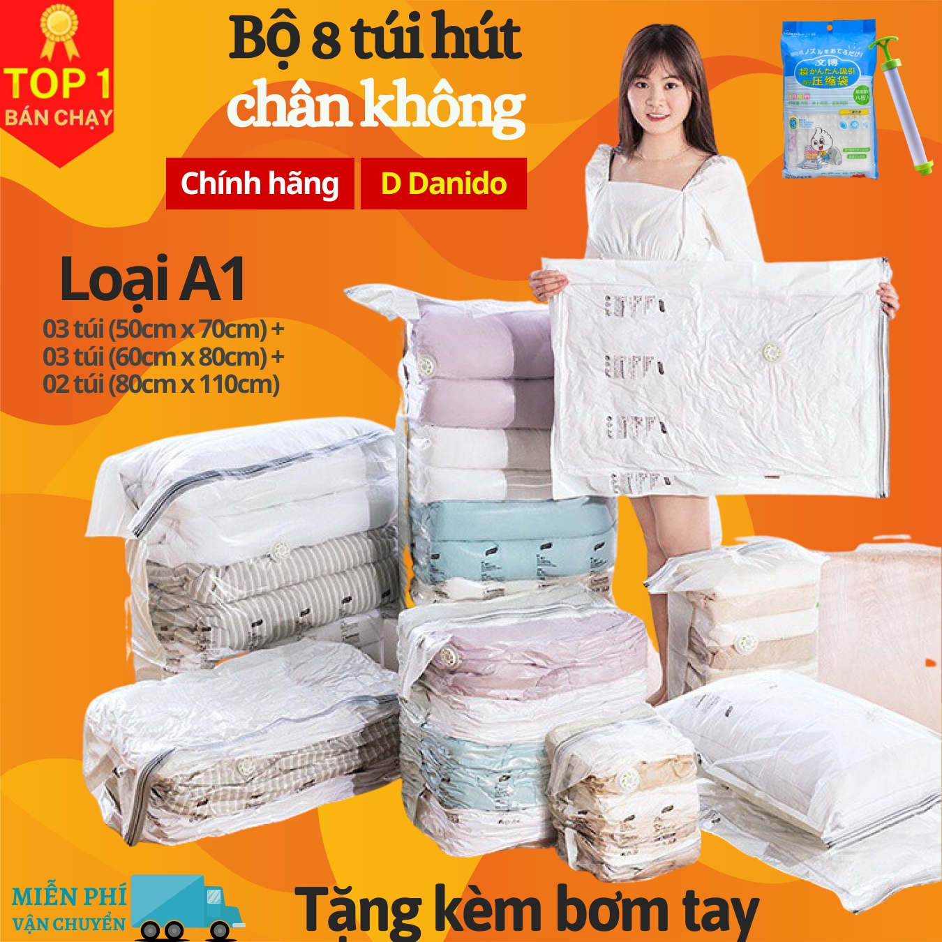 [Tặng kèm bơm tay] Bộ 8 túi hút chân không đựng chăn màn quần áo cao cấp D Danido - Set 8 túi hút chân không bằng nhựa dẻo dai có tặng kèm bơm tay