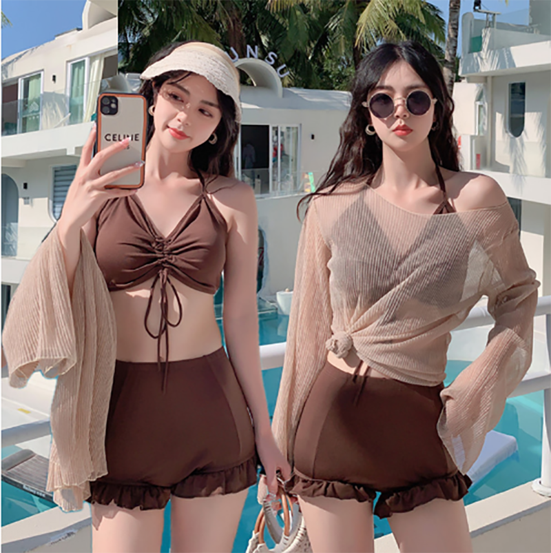 (Sẵn) Đồ bơi nữ tay dài kín đáo trẻ trung, Bikini đi biển 2 mảnh quần đùi, Set bikini buộc dây có áo choàng tắm