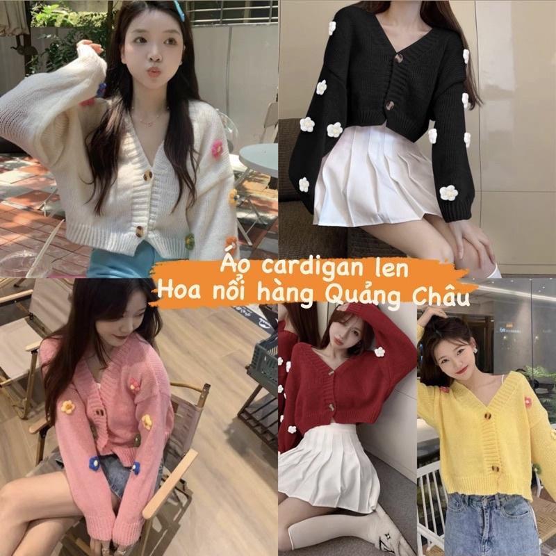 Áo cardigan len mịn tay đính hoa, Áo Cardigan croptop len hoa nổi