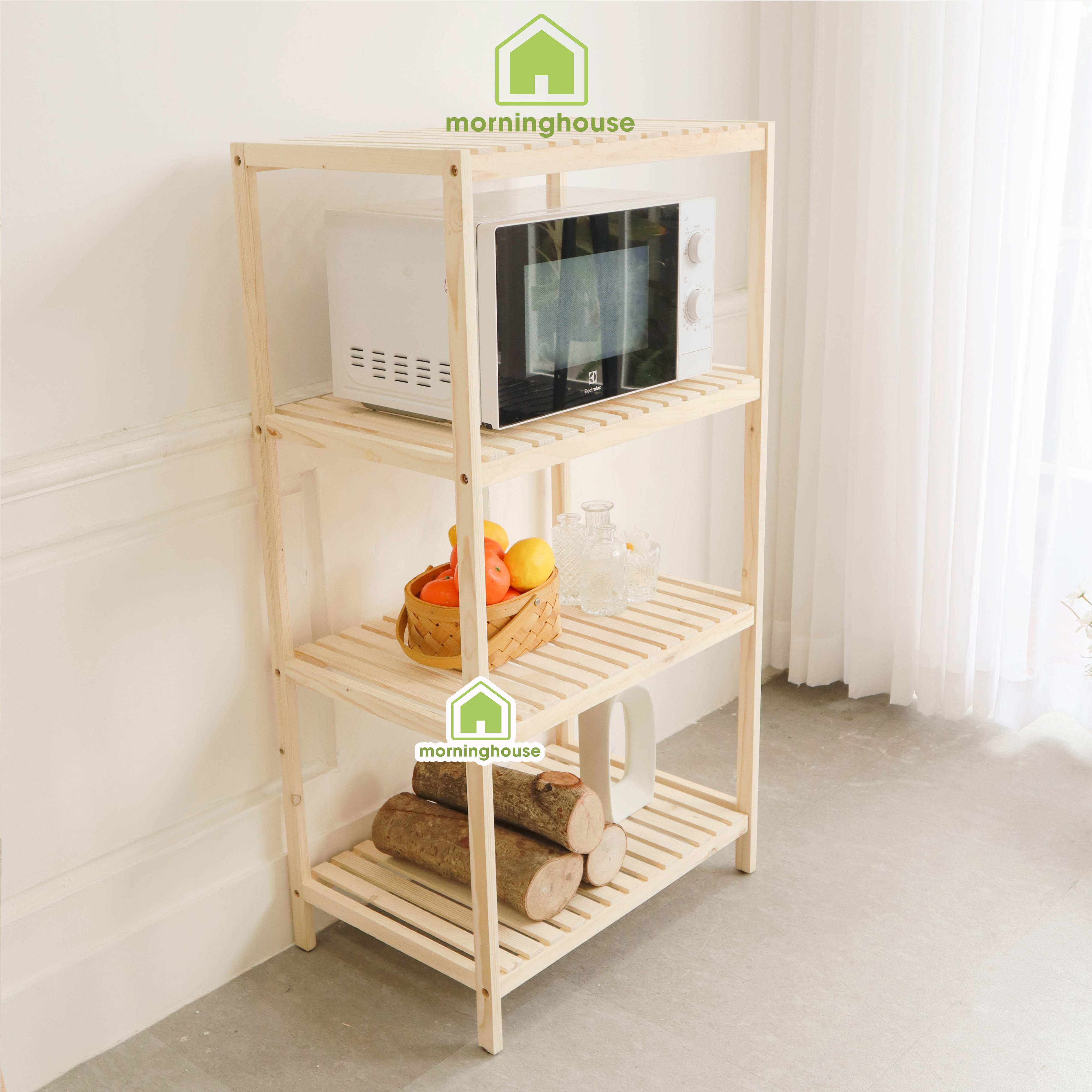 Kệ Để Lò Vi Sóng 4 Tầng Morning House Dài 60cm x Cao 114cm- Gỗ Cao Su Chắc Chắn Chịu Lực 60kg, Để Được Lò Nướng, Nồi Chiên Không Dầu