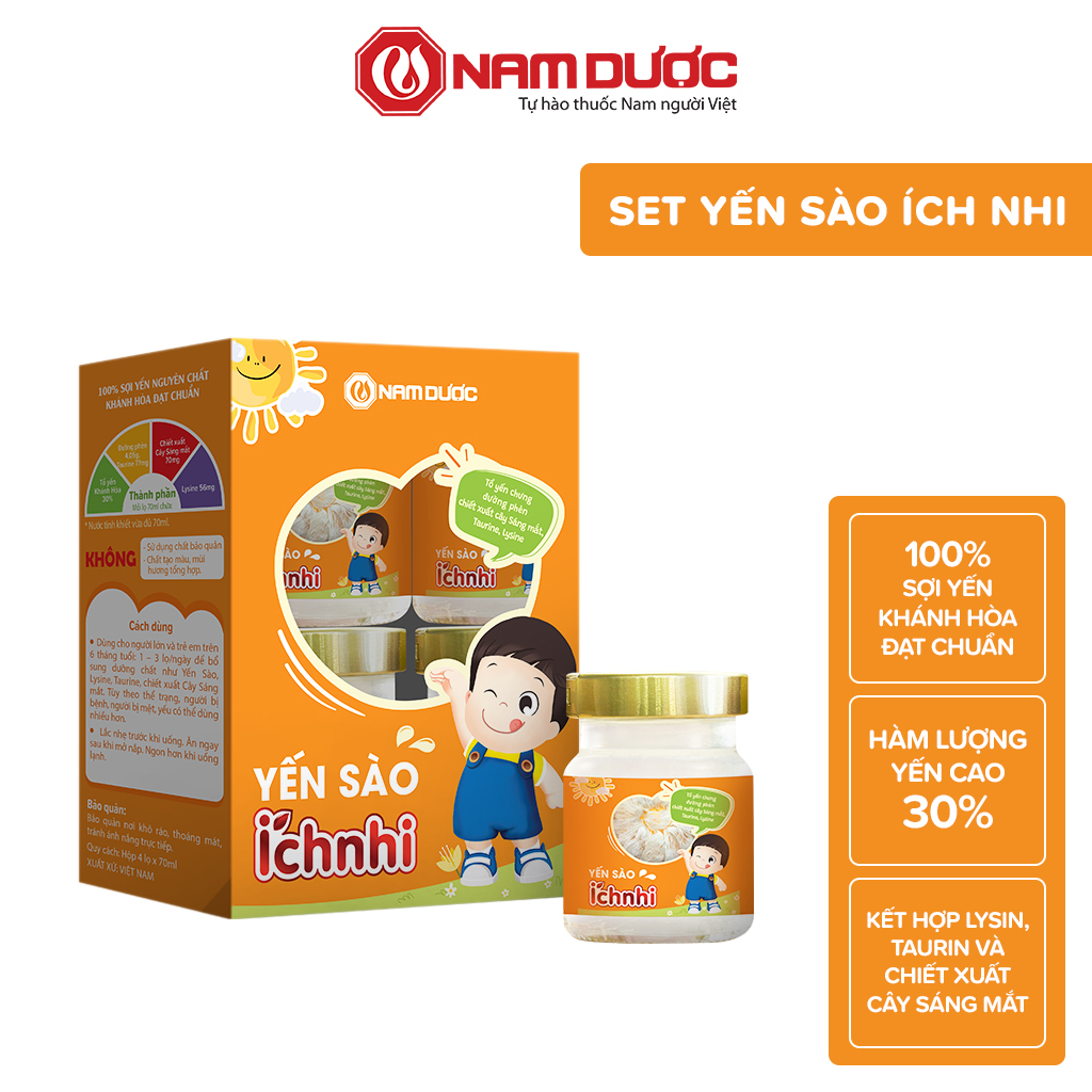 Yến sào Ích Nhi - Tổ yến chưng sẵn đường phèn, giúp bổ sung dinh dưỡng, tăng sức đề kháng cho trẻ em, set 4 lọ 70ml