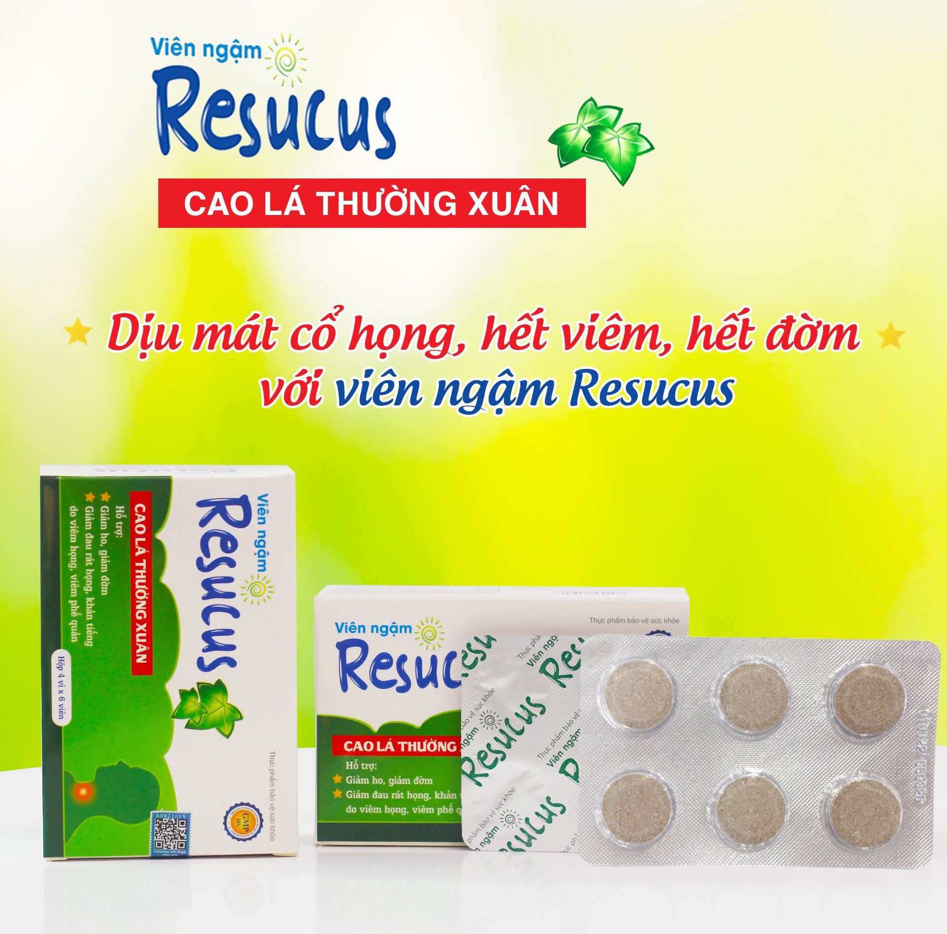 Viên ngậm giảm ho, đờm, đau rát họng do viêm họng, viêm phế quản - RESUCUS - Hộp 24 viên