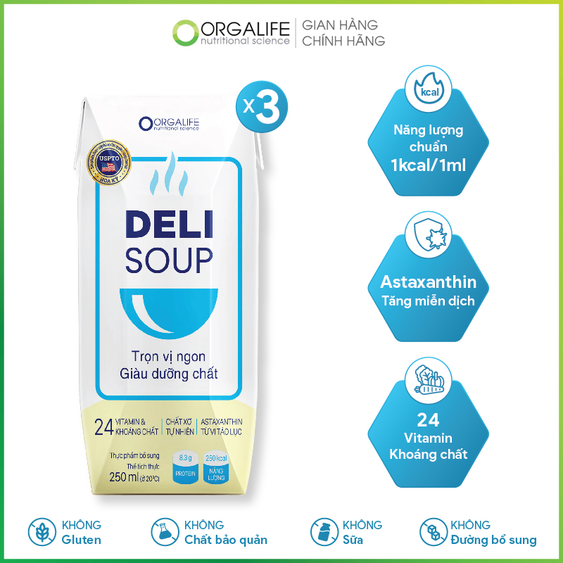 Lốc 3 hộp thực phẩm dinh dưỡng Delisoup 250ml/hộp - Bữa ăn thay thế - Giúp người bệnh phục hồi nhanh chóng - Orgalife