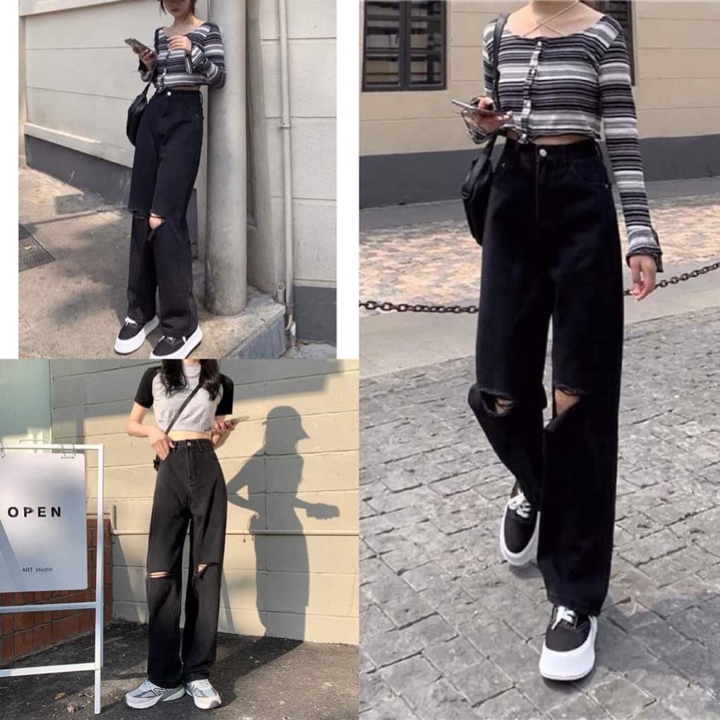 Quần jean ống rộng dài, quần jean nữ rách, quần rách lưng cao, quần nữ, quần bò ống rộng dáng thụng, quần dài nữ màu đen