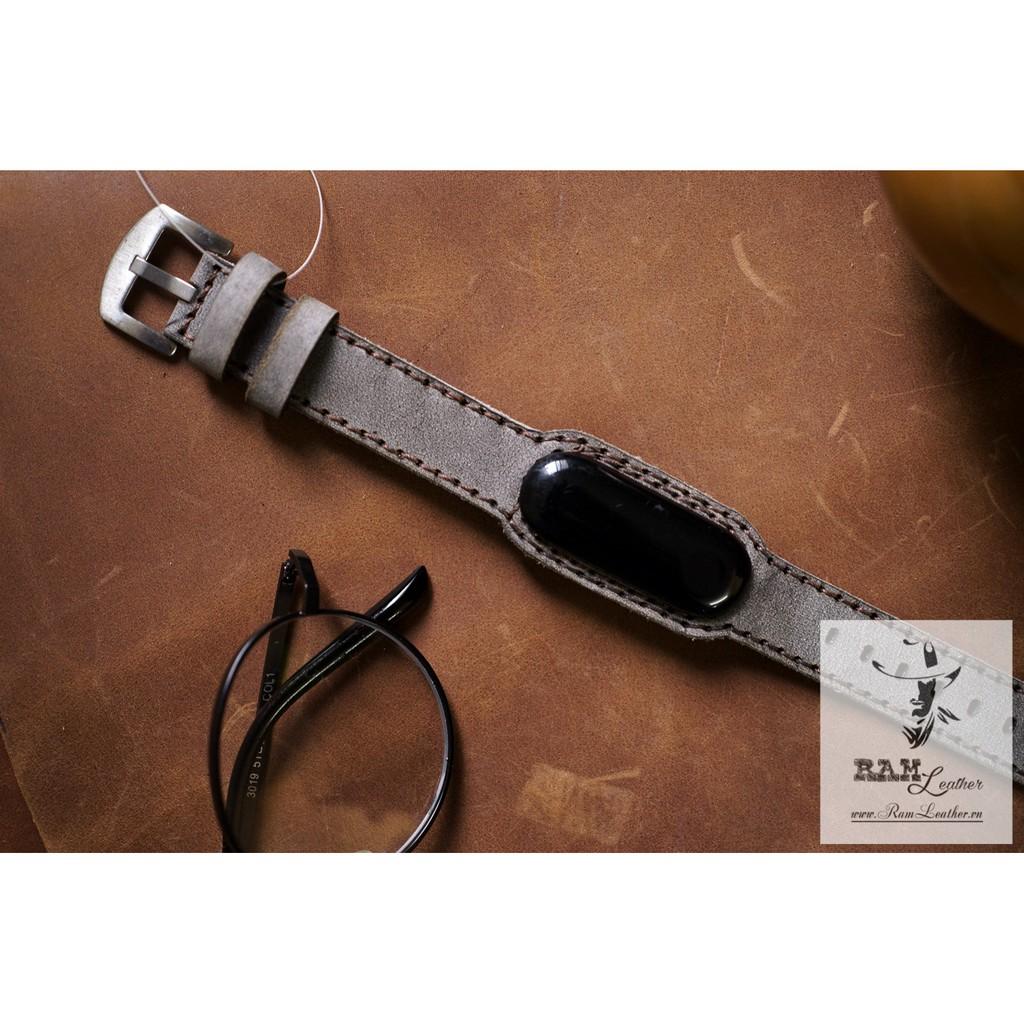 DÂY DA BÒ THẬT MAY TAY CHO MIBAND 5 - DA BÒ XÁM QUÂN ĐỘI ĐỨC -CHÍNH HÃNG RAM LEATHER - MI BAND 5 GRAY COW LEATHER STRAPS