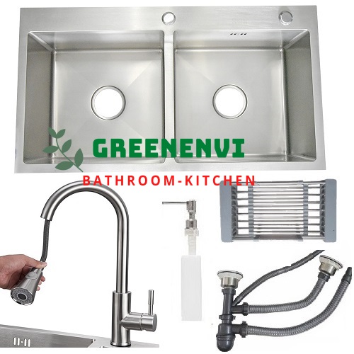 Combo chậu rửa chén bát inox GREENENVI sus304 hai hố cân 8245, vòi rửa bát inox rút dây 01, bộ xả chậu, bình xà phòng, rá inox đa năng