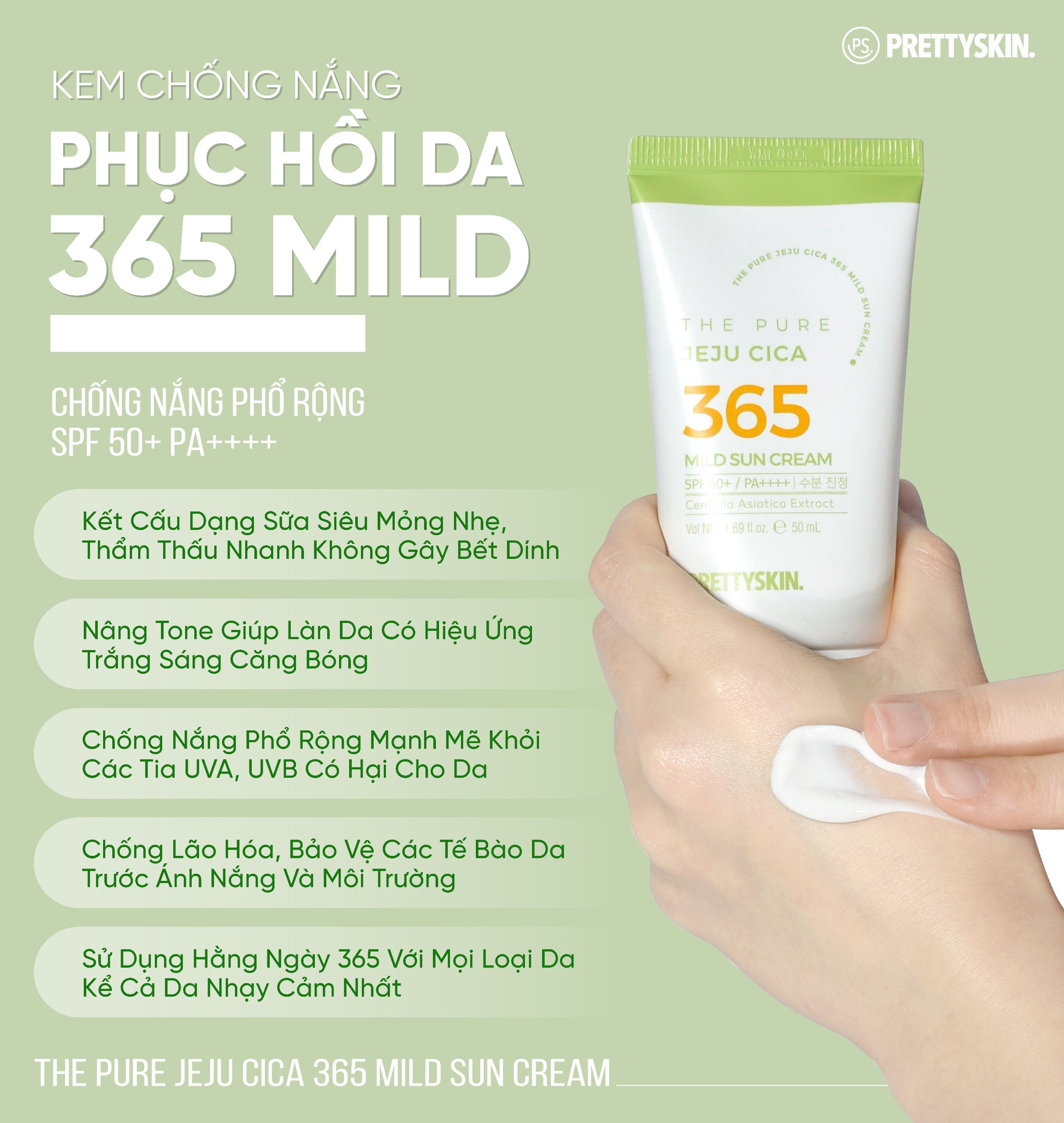 Kem chống nắng nâng tông, kháng nước 365 Pretty Skin The Pure Jeju Cica 365 Mild Sun Cream