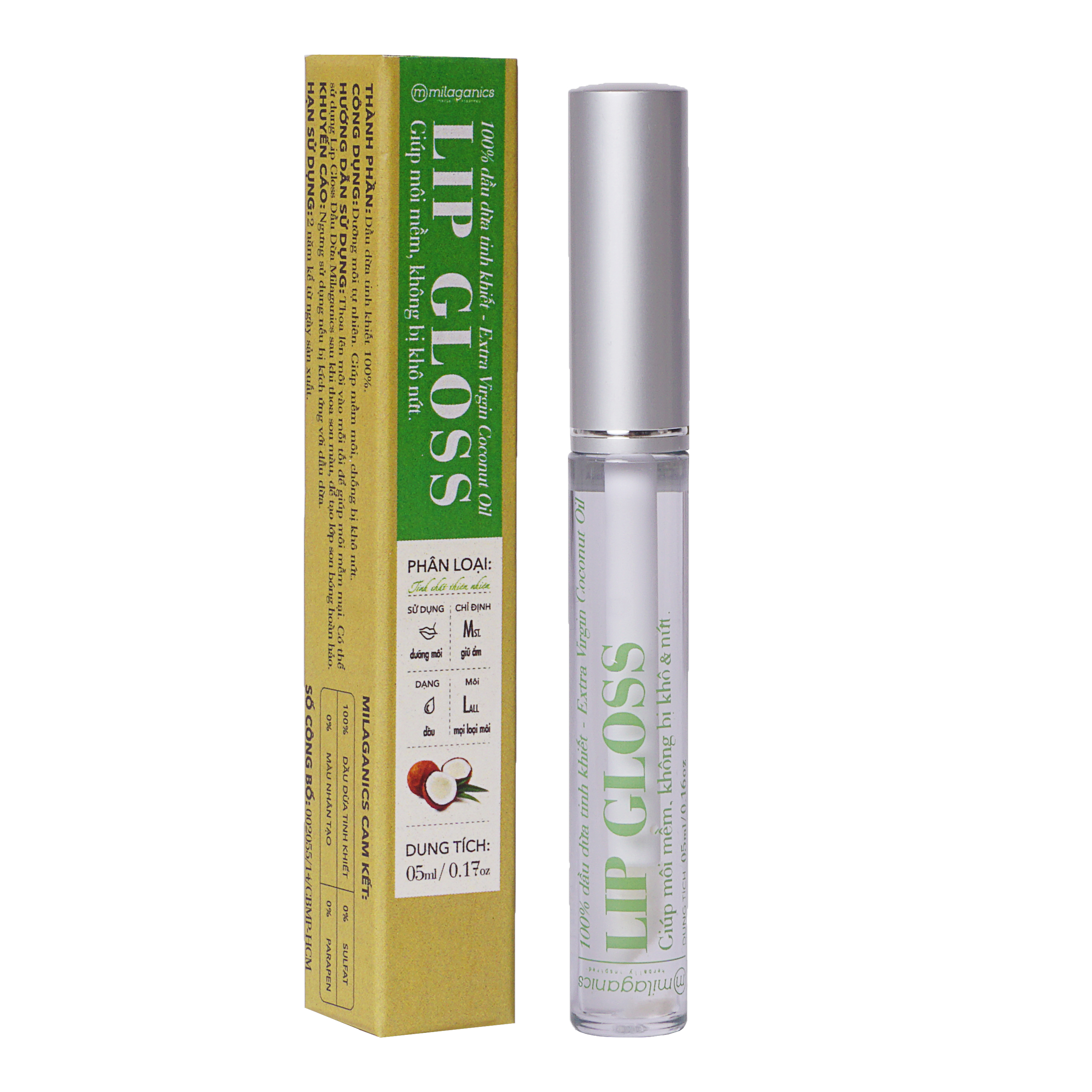 Lipgloss Dưỡng Môi Dầu Dừa Nguyên Chất Dưỡng Môi Ẩm Min, Cải Thiện Môi Khô Nứt Nẻ MILAGANICS 5ml