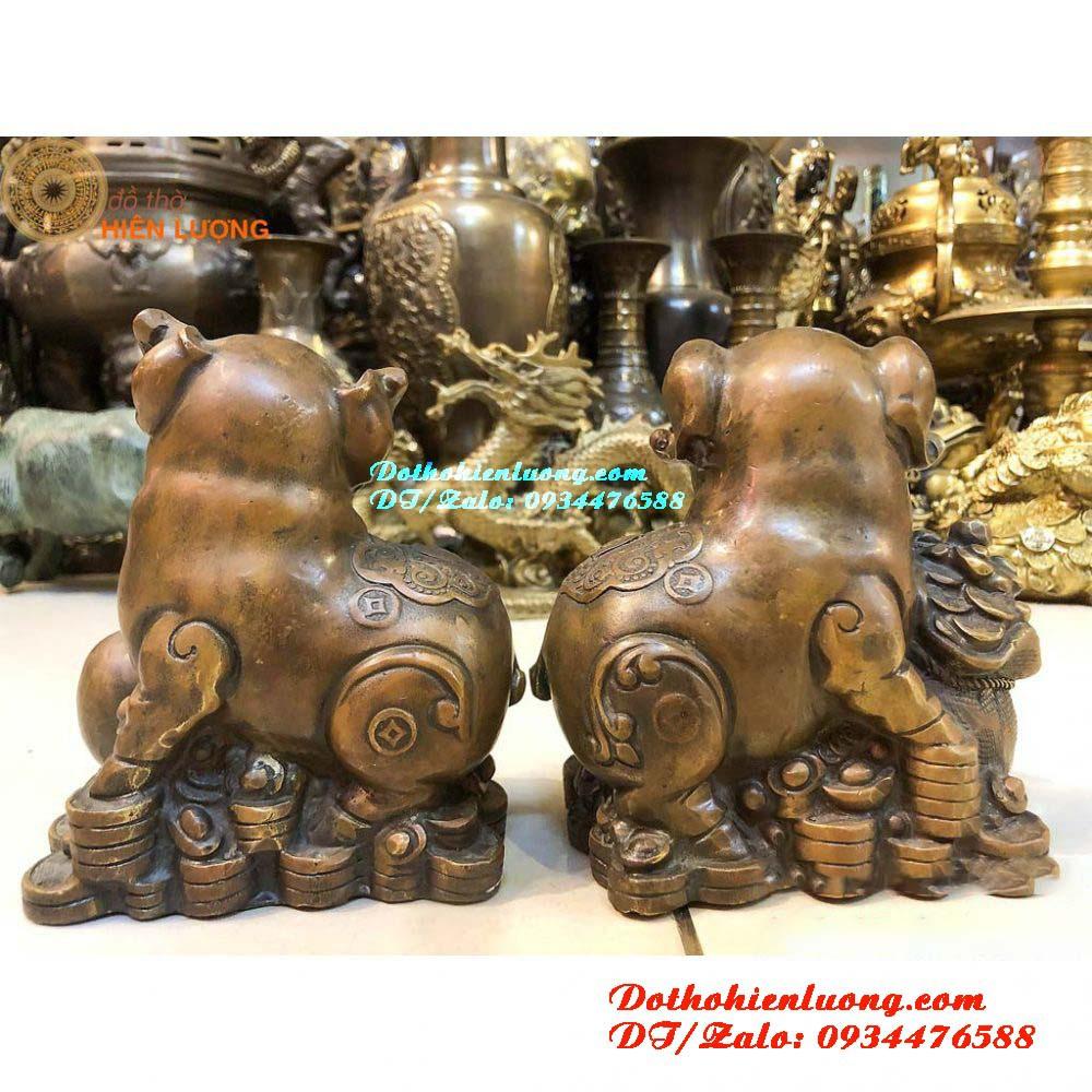 Cặp Heo Màu Nâu Bằng Đồng Hun Nguyên Chất Chiêu Tài Cao 14cm - Linh Vật Phong Thủy May Mắn