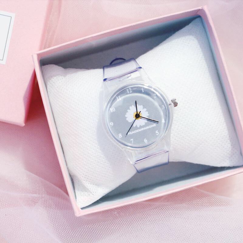 Đồng hồ thời trang nam nữ dây nhựa trong mặt hoa cúc TH652