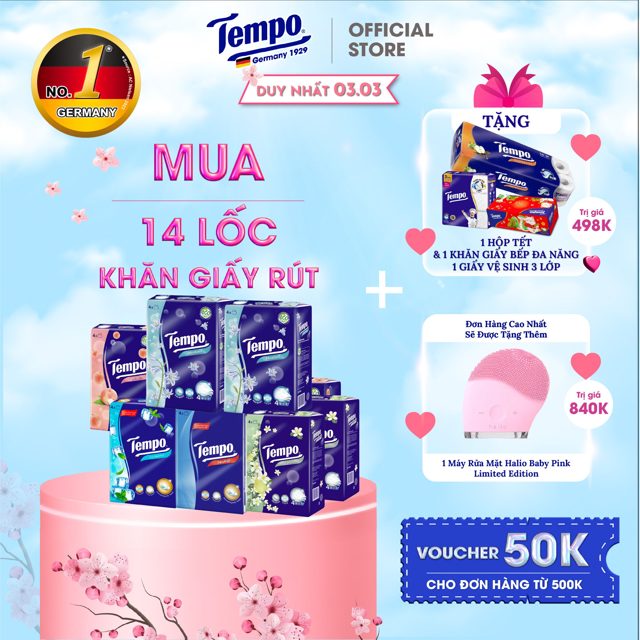 [MUA 14 LỐC TẶNG 1 LỐC GVS 3 LỚP VÀ 1 LỐC GVS 3 LỚP + 1 BĂNG ĐÔ THỎ + 1 CHAI NIVEA] Khăn Giấy Rút Tempo 4 Lớp Bền Dai Thương Hiệu Đức