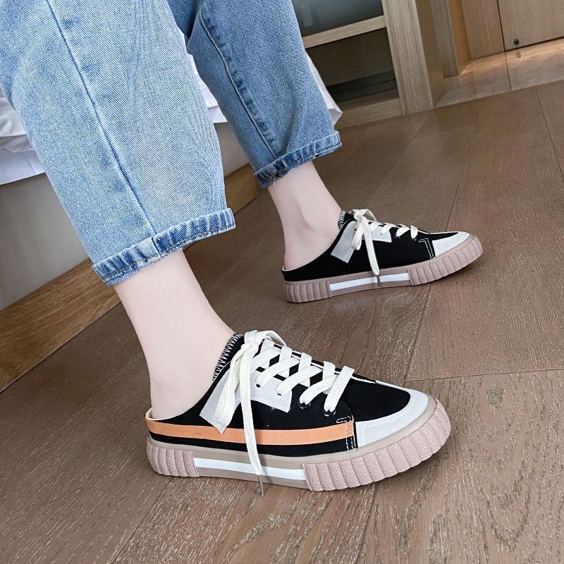 Backless canvas shoes children's summer 2021 new flat bottomed semi drag lazy shoes Korean versatile casual shoes
