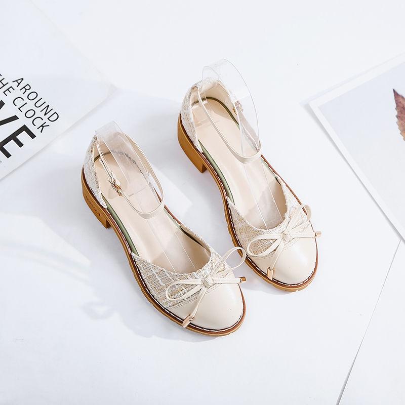 Heavy heel Baotou sandals female students Korean version 2021 summer new female online celebrity medium heel versatile shoes shallow shoes