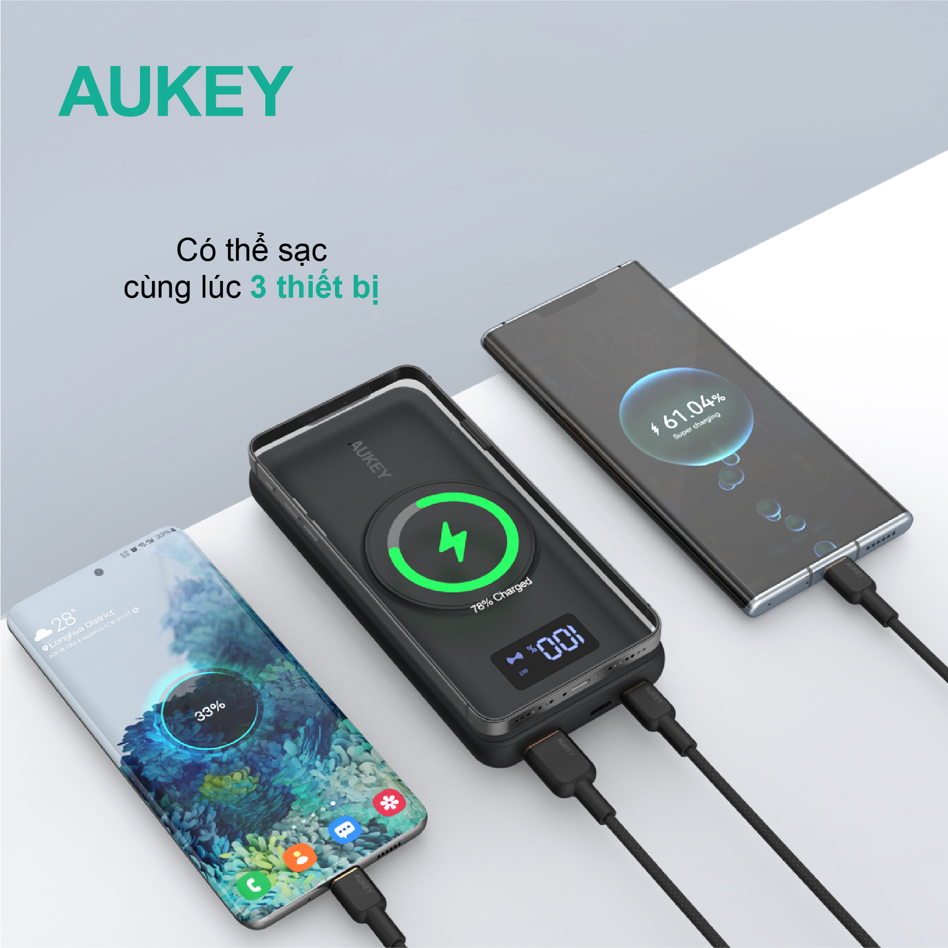 Pin sạc dự phòng kiêm sạc không dây Aukey 10000mAh 15W, hàng chính hãng