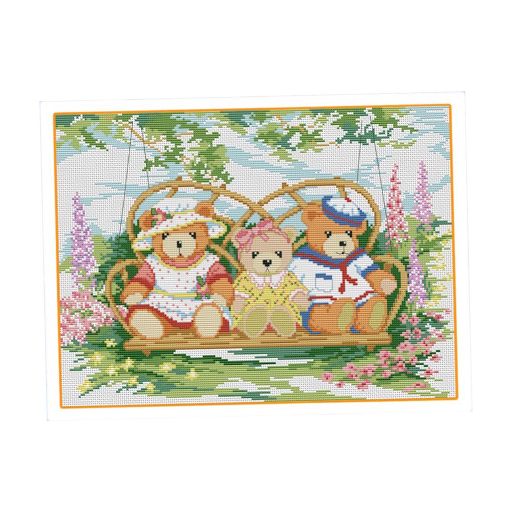 Bears on Swing Cross Stitch Stamped Kit Pre-Printed Pattern, 11CT Aida Fabric