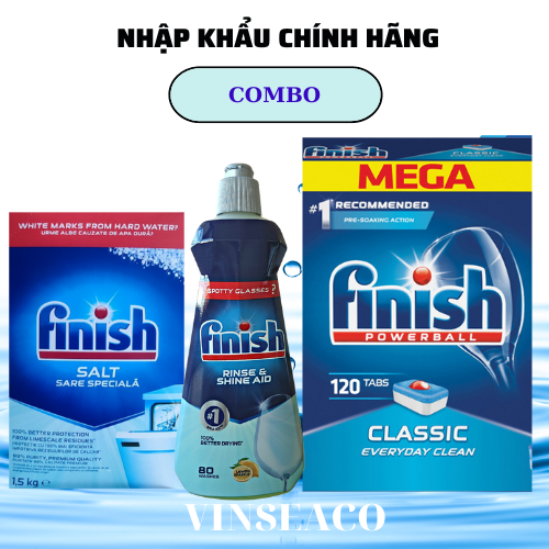 Combo 120 Viên rửa bát Finish+ Nước làm bóng Finish 400ml +muối rửa chén finish 1,5kg