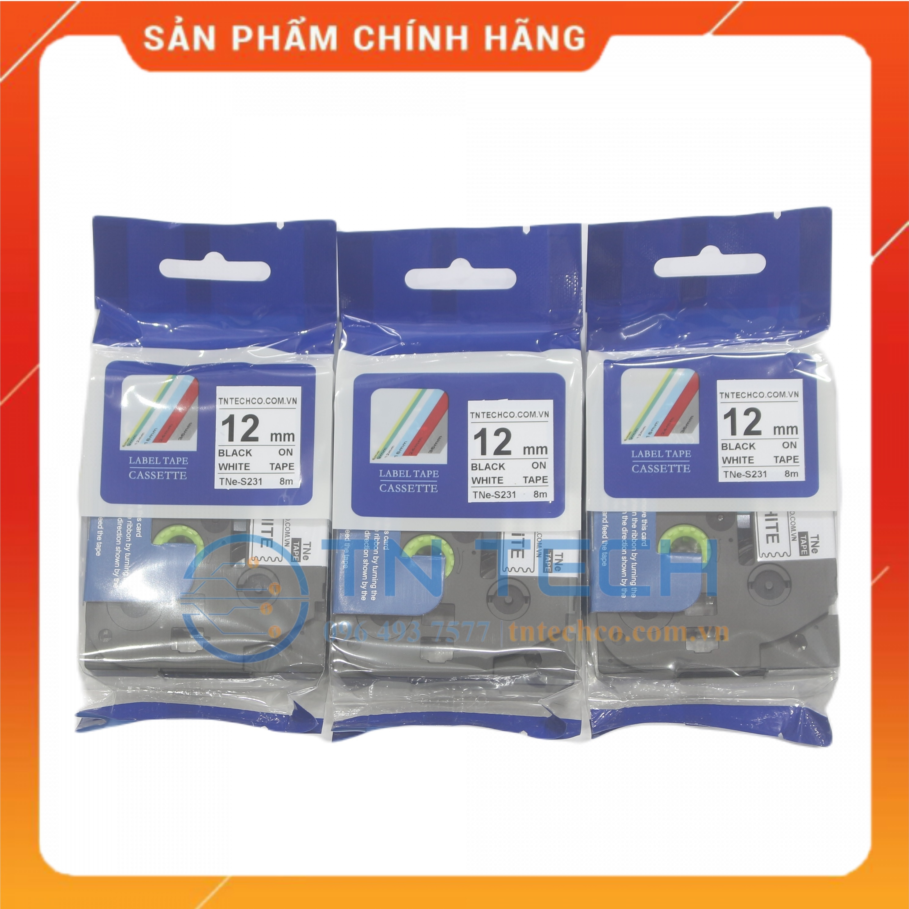 Nhãn In TNE-S231 - Đen nền trắng 12mm x 8m - Dùng cho máy in BROTHER - AIMO - PUTY [Hàng nhập khẩu]