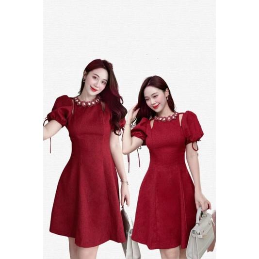 ĐẦM ĐỎ TAY PHỒNG ĐÍNH HOA XINH XẮN