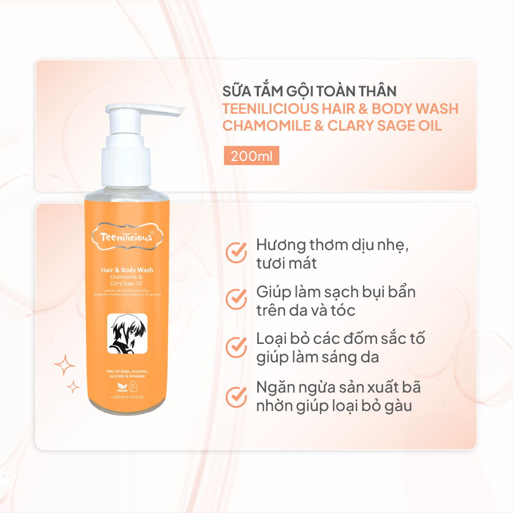 [Mini] Sữa Tắm Gội Toàn Thân Teenilicious Hair &amp; Body Wash Chamomile &amp; Clary Sage Oil Giúp Nuôi Dưỡng Tóc  - 15ml