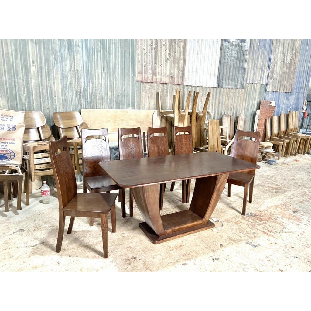 Bàn ghế ăn gỗ sồi cao cấp (bàn 160cm chân chữ X chữ U+6 ghế tựa lưng cao)