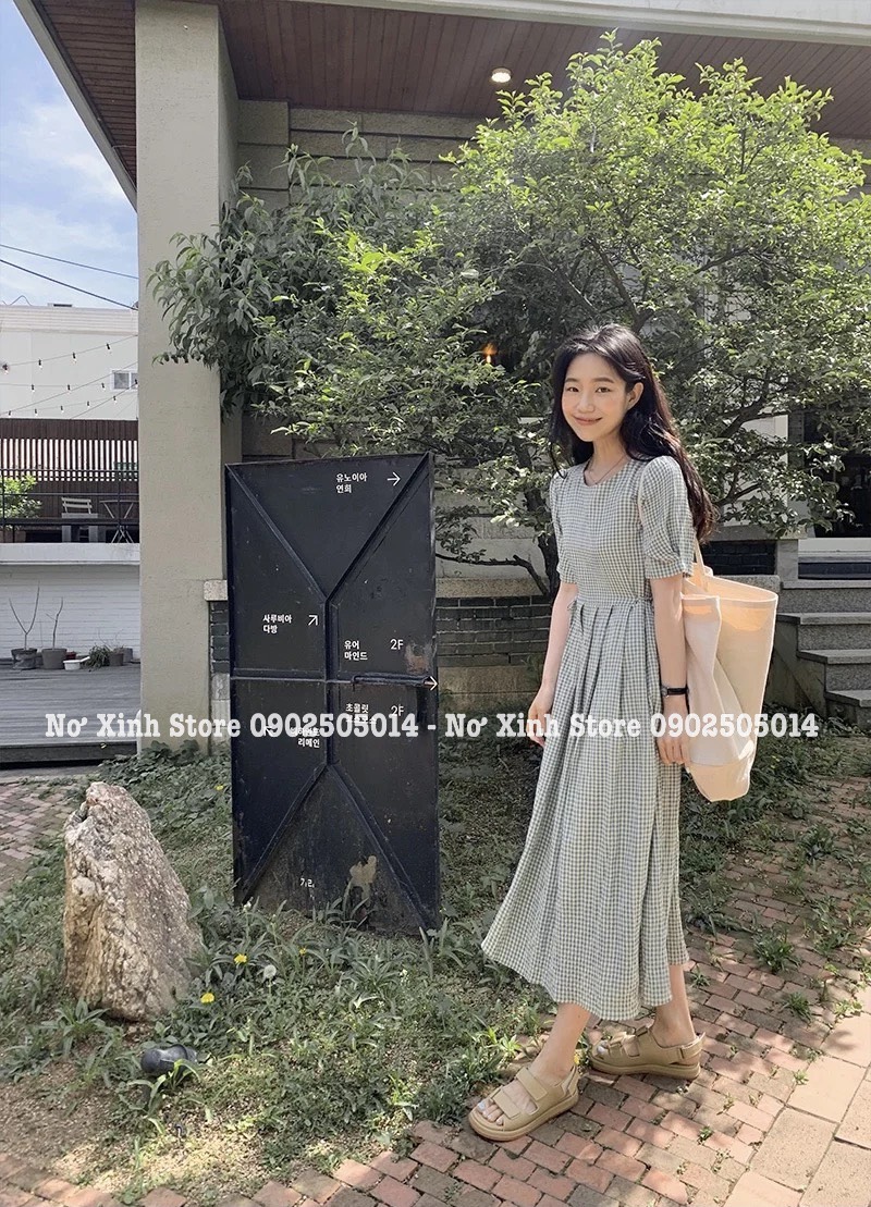 Váy Xoè Dài Kẻ Sọc Caro Eo Rút Dây Hàn Quốc Vintage Size S-M-L-XL-XXL