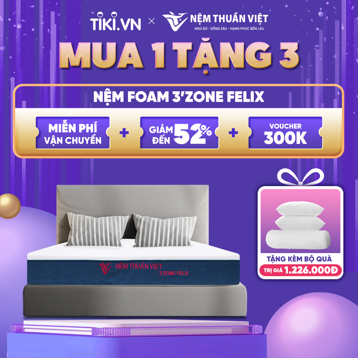 (1m6x2mx22cm) Nệm Foam Phân Vùng Thuần Việt 3'zone Felix - Miễn Phí Vận Chuyển, Bảo Hành 12 Năm, Trả Góp 0%