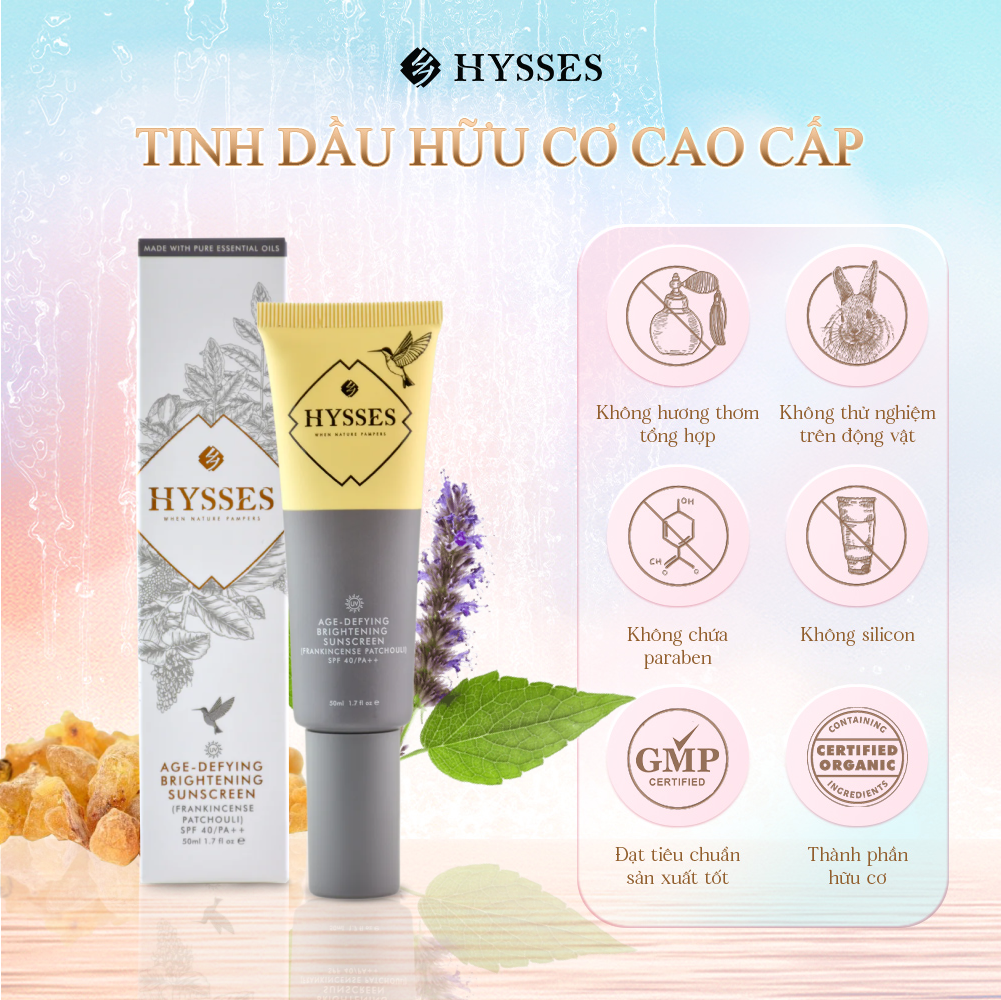 Kem Chống Nắng Cao Cấp Hysses Age Defying Brightening Làm Trắng Da, Chống Lão Hóa Bảo Vệ Da Trước Tia UVA/UVB Với Tinh Dầu Trầm Hương - Hoắc Hương Hữu Cơ Tự Nhiên
