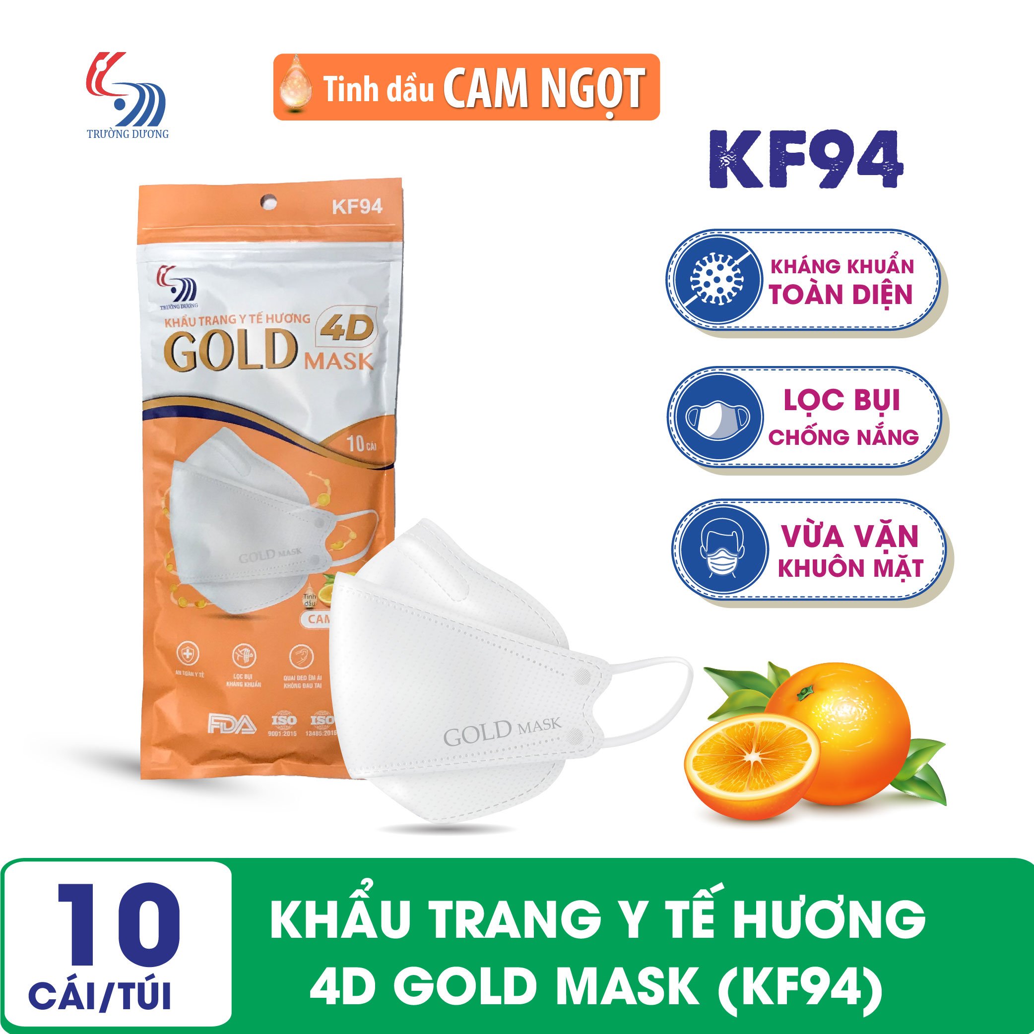 Khẩu trang y tế Hương tinh dầu Cam Ngọt 4D Gold Mask (KF94) - Túi 10 chiếc