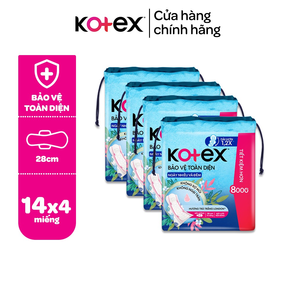 Lốc 4 Gói băng vệ sinh Kotex Bảo Vệ Toàn Diện Ngày Nhiều và Đêm 28cm Siêu Mỏng Cánh 14 miếng/ gói