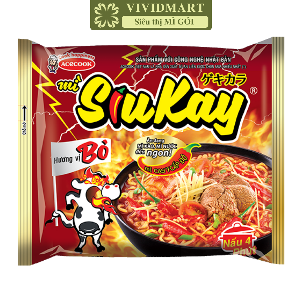 ACECOOK - Mì Siukay hương vị Bò, Siukay mì bò Siukay mì cay 7 cấp độ Siukay, Mì Siu Kay ăn liền (127g/gói)