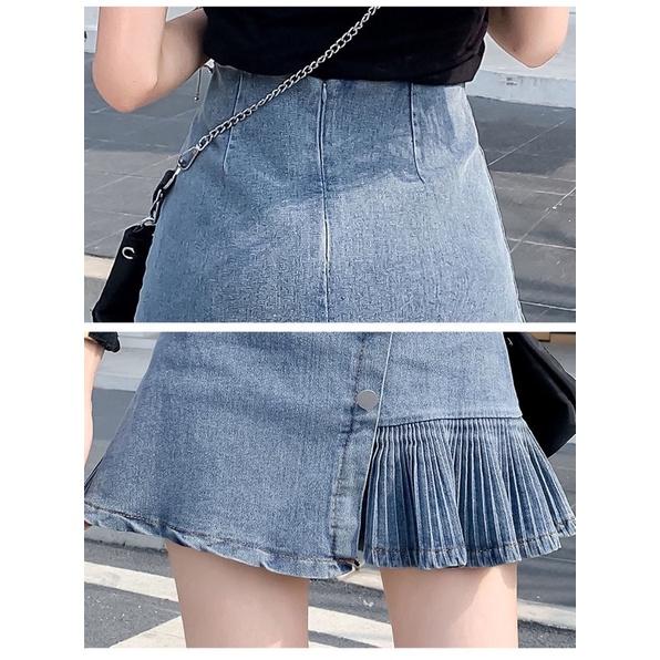 [L2M] Chân váy jeans vạt xéo ĐUÔI CÁ XẾP LY có lớp lót bên trong phong cách Hàn Quốc xinh xắn siêu HOT