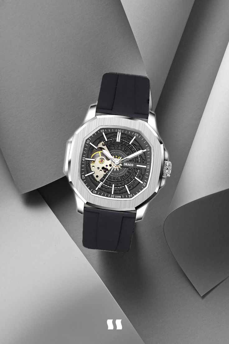 Đồng hồ nam Draco D23-DS68 “DongSon” Automatic trắng đen kết hợp chất liệu dây cao su non cao cấp màu đen-thời trang nam thể thao