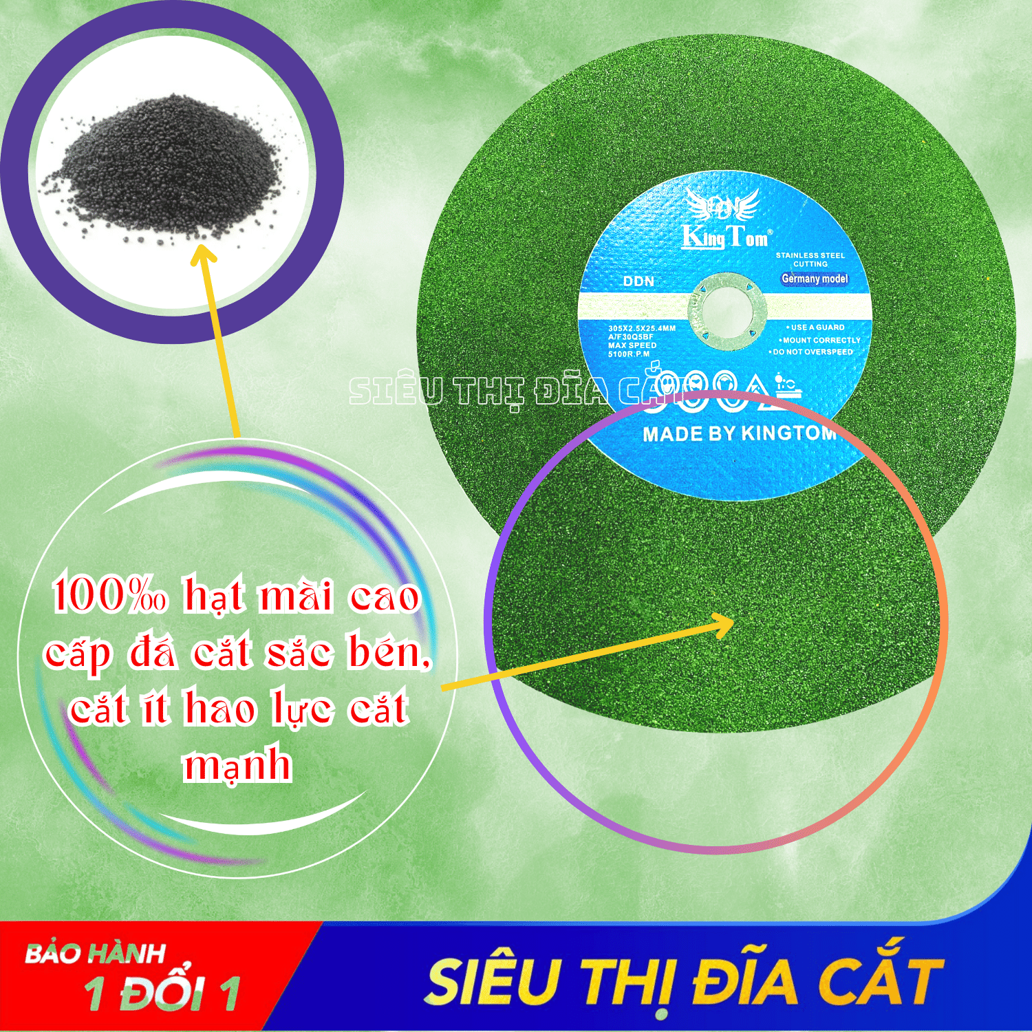 Đá Cắt KingTom Xanh 355x2.5x25.4mm - Lẻ 5 Viên - Cắt Kim Loại, Cắt Sắt - Inox