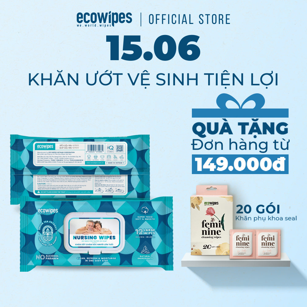 Khăn giấy ướt vệ sinh cơ thể NursingWipes gói 12 khăn size lớn 30x20cm hương trà xanh lau người lớn tuổi, người bệnh, người đi phượt dùng 1 lần