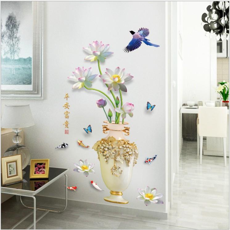 Decal trang trí  dán tường bình hoa sen cá
