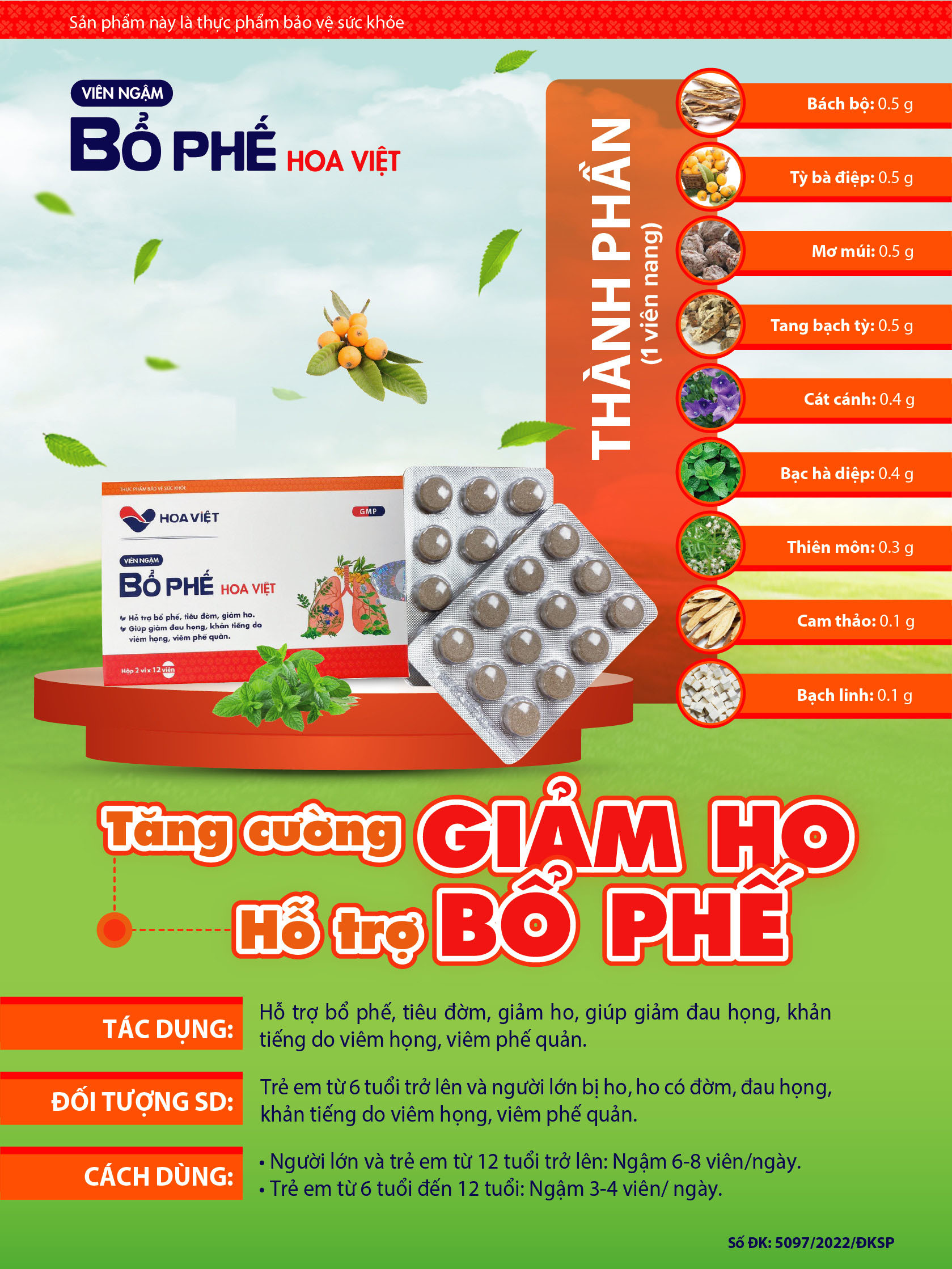 Viên ngậm bổ phế giúp giảm ho tiêu đờm bổ phổi giảm đau rát họng Hoa Việt 24 Viên