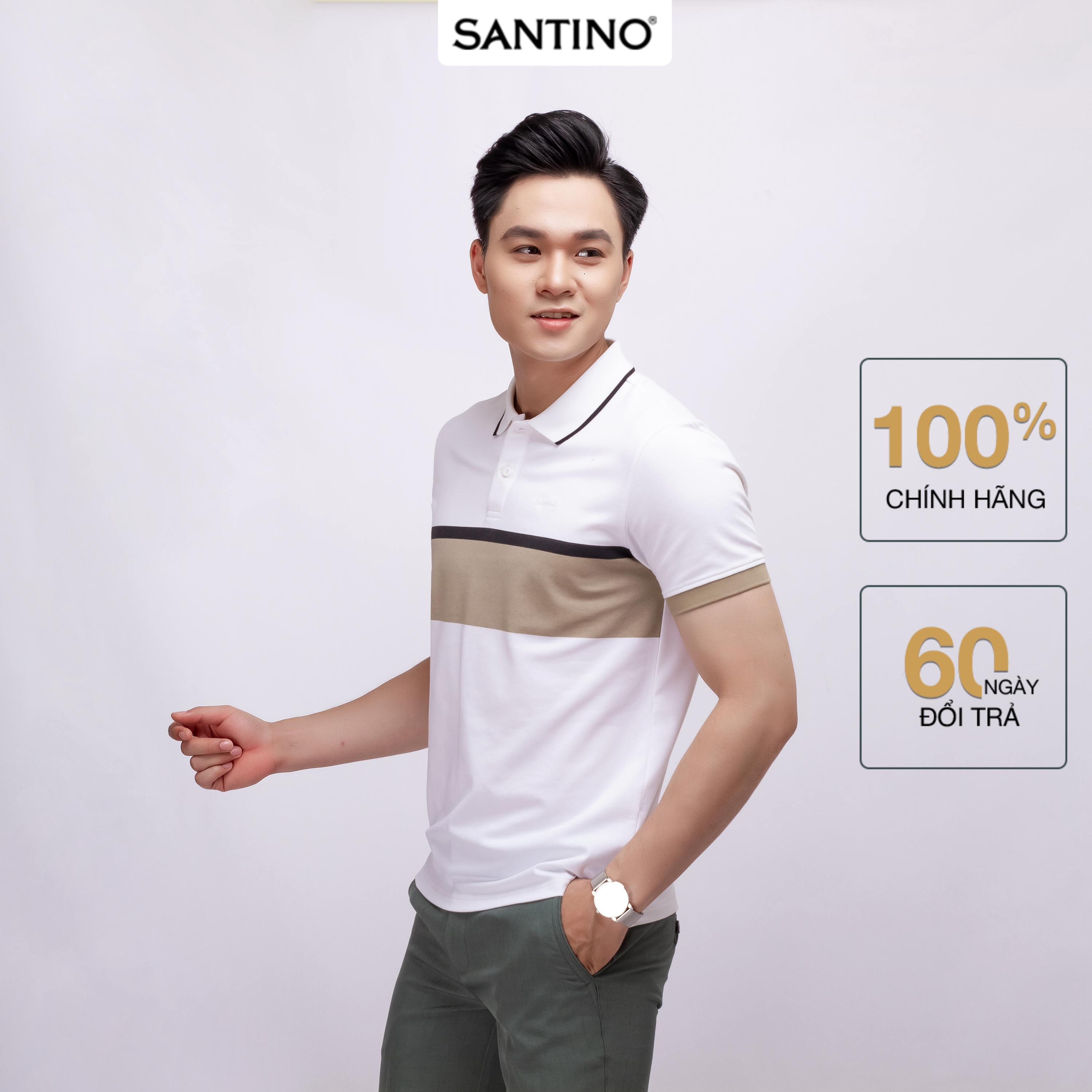 Áo Polo nam SANTINO, in phối ngực, vải Cotton Cá Sấu, kháng khuẩn chống nhăn - E014